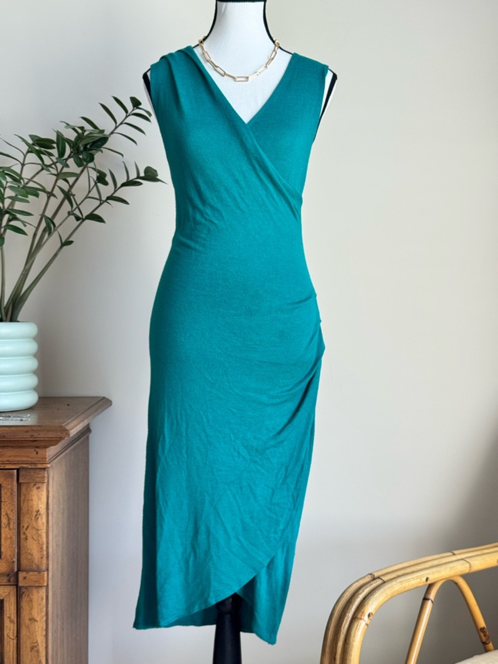 Aritzia Wilfred Teal Faux-Wrap Sleeveless Midi Dress